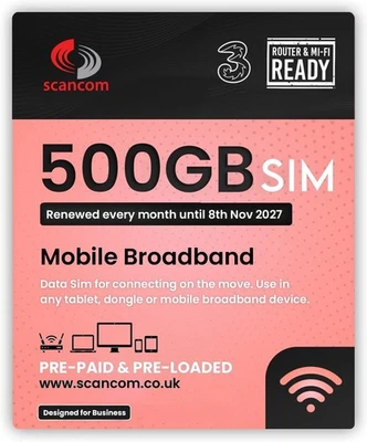 Three 500GB Data SIM - Uncapped 5G - Preloaded MONTHLY Until November 2027 -...  - Image 1 of 4