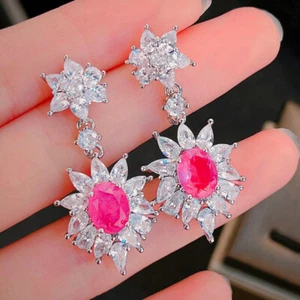 New Charm Color Neon Pink Red Garnet Gemstone Women Girl Dangle Silver Earrings - Picture 1 of 6