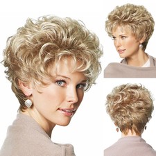 Womens Pixie Short Wigs Blonde Gold Natural Wavy Curly Full Hair Cosplay Wig UK·