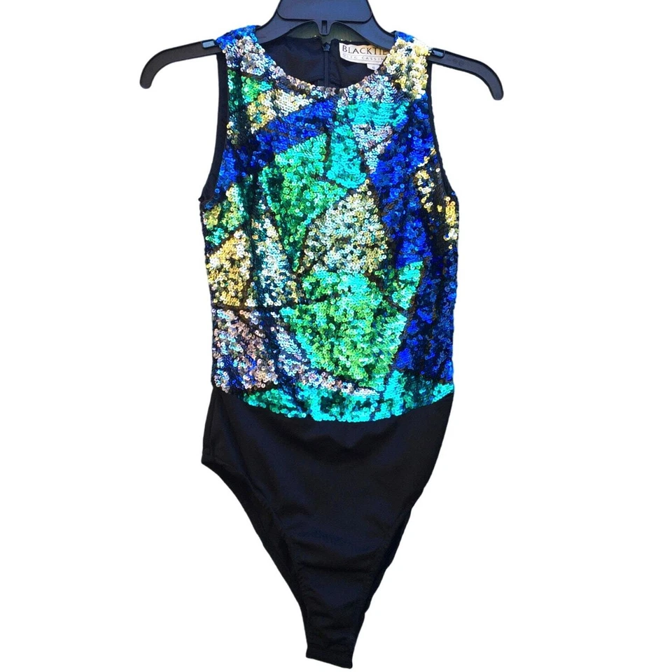 Body de Baile Oleg Cassini Corbata Negra Vintage Azul Verde Lentejuelas Sin Mangas Foto 1 de 4