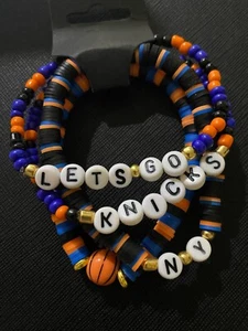 New York Knicks Womens 4-Piece Beaded Bracelet Set - Let's Go - Basketball Charm - Picture 1 of 2