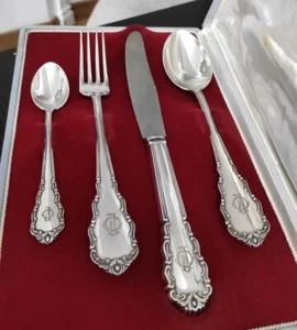 Besteckset, personalisiert, im Originaletui, 916er Sterlingsilber, Antik. - Bild 1 von 10