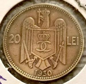 1930 Romania 20 Lei, Carol II Coin, London Mint, Nickel-Brass KM#51 - Picture 1 of 2