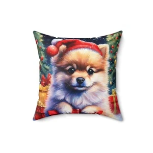 Christmas Pomeranian Puppy Cute Dog decorative Pillow, X'mas gift throw Pillow - Picture 1 of 7