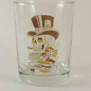 VINTAGE Don Ed Hardy Drinking High Ball Glass Smoking Skull Dice Heavy Bottom - Picture 1 of 6