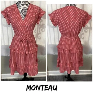 Monteau pink white polka dot dress split neck ruffled knee length - Picture 1 of 11