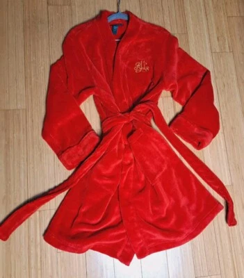 Ralph Lauren Womens Bath Robe Short Fleece Belted Sherpa Logo Red Gold Large EUC - Image 1 of 4
