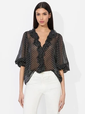 NUEVO CON ETIQUETAS 465 ALICE + OLIVIA "Betsie" Seda Transparente Gasa Lunares Camisa Top Blusa XS Foto 1 de 4