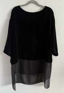 Eileen Fisher Shirt Velvet Top Black Sheer Chiffon Hem Tunic Blouse Size L - Picture 1 of 5