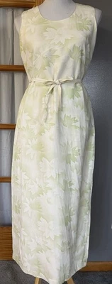 Vestido de lino de seda Valerie Stevens años 90 PM Maxi verde marfil floral con cinturón cabaña Foto 1 de 4