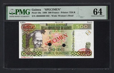 Guinea 500 Francs 1998 P36s "Specimen N.002" Uncirculated Grade 64 - Image 1 of 2