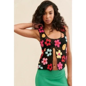 New Tach Ashete Crochet Top Flower Tank Top Shirt Knit Black Sz XS - Picture 1 of 15