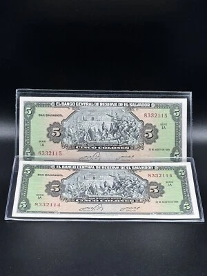 1983-$5 COLONES Consecutive Lots Of 2 Bill Uncirculated Nice Bill For Your C. - Image 1 of 4