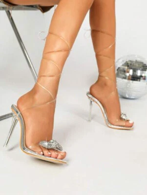 Sandali Strass Argento alla Schiava Tacco Trasparente in Metallo Alto 11 cm-38- - Immagine 1 di 4