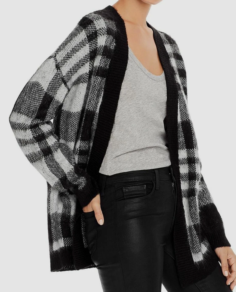 Aqua Womens B/w Glen Plaid Ribbed Trim Open Front Sweater Cardigan M BHFO 4035