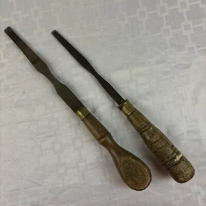 Two Antique Vintage Wood & Brass Handle Turnscrew Screwdrivers Cowles Winchester - Picture 1 of 24