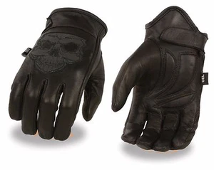 Milwaukee Leather MG7570 Men's ‘Reflective Skull’ Black Leather Gloves Gel Palm - Picture 1 of 3