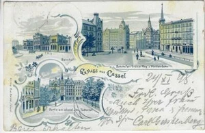1898 Greman "Gruss aus Cassel" Multi-View Postcard Art Nouveau Blue & Gold - Picture 1 of 2