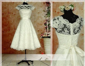 Short Cap Sleeve Wedding Dresses Tea Length Vestido De Novia Summer Bridal Gowns - Picture 1 of 5