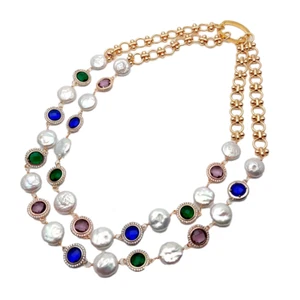2 Rows White Coin Pearl Necklace Multi Color Crystal Gold Color Metal Chain - Picture 1 of 6