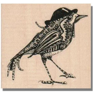 Wood Rubber Stamp, BIRD WITH HAT, Art, Nature,Wildlife, Media, Sketch,Draw,Birds - Picture 1 of 4