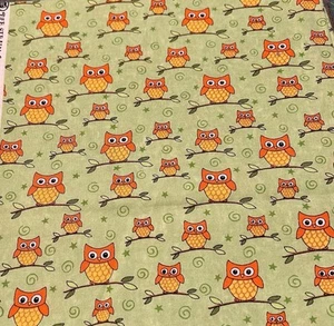 Love U You Deb Strain Moda fabrics orange owls owl on Green branches retro Kids - Picture 1 of 1