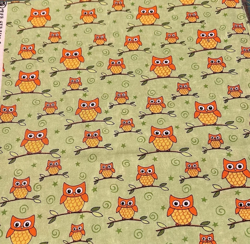 Love U You Deb Strain Moda fabrics orange owls owl on Green branches retro Kids - Image 1 of 1