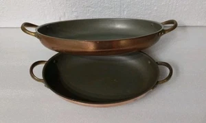 2 Oval Copper Pans Brass Handles Stainless Steel Lining 12" & 10" - Picture 1 of 13