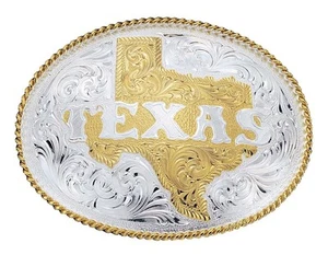 Fibbia cintura uomo argento incisa Stato del Texas Western multi taglia unica - Foto 1 di 7