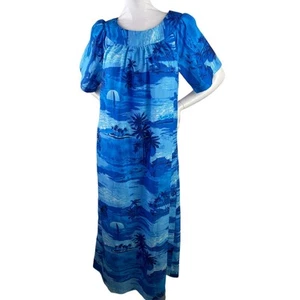Made In Hawaii Vintage Damen MuuMuu Blau Palmen Strand Ozean Print S S Oversized - Bild 1 von 11