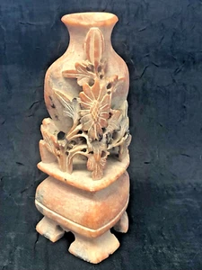 Antike asiatische handgeschnitzte Speckstein Vase mit Blumen 5" hoch - Bild 1 von 11