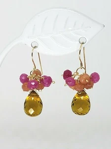 14k Yellow Gold Citrine Briolette Carnelian Pink Quartz Cluster Dangle Earrings - Picture 1 of 5