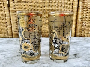 2 Vintage Cera Weltkarte 22K Gold MCM Bareware Longdrinkgläser 5,5" 12 OZ - Bild 1 von 10