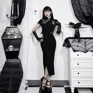 Lussuoso abito Cheongsam Qipao magico cinese nero di ispirazione gotica - Foto 1 di 10