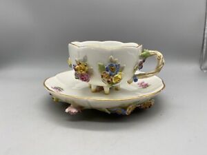 Antique 19thC Meissen Porcelain Applied 3D Flowers Cup & Saucer Porzellan German