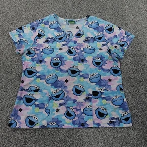 Sesame Street Shirt Womens L Blue Floral Cookie Monster Medical Nurse Scrub Top - Picture 1 of 15