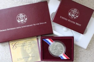 1993 Thomas Jefferson 250th BU Silver Dollar Commemorative $1 Coin Box and COA - Picture 1 of 6