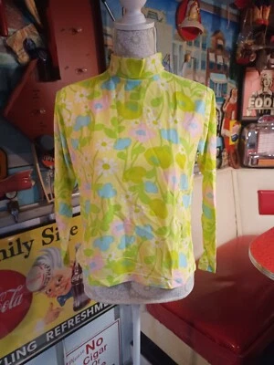 True Vtg DEADSTOCK Mid-century Mod 1960s Flower Power Acetate Turtleneck TOP L - Image 1 of 4