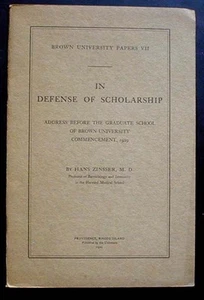 In Defense of Scholarship: Address at Brown 1st ed. 1929 Hans Zinsser VG+ - Imagen 1 de 1