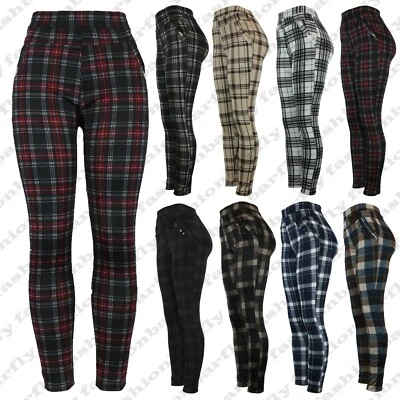 New Ladies Womens Check Print Skinny Slim Fit Waist Legging Jegging Trouser Pant - Image 1 of 2