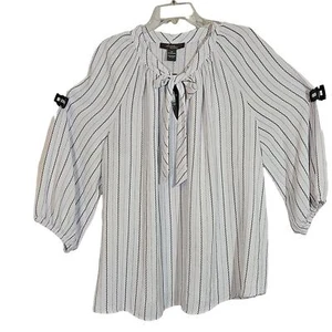 Plus size 2x dressy top lightweight woven crepe white black stripes tie neck - Picture 1 of 9