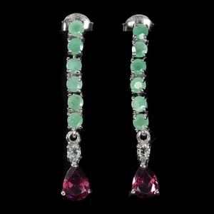 925 Sterling Silver Earrings Pear Rhodolite Garnet Emerald Gemstone Jewelry - Picture 1 of 13