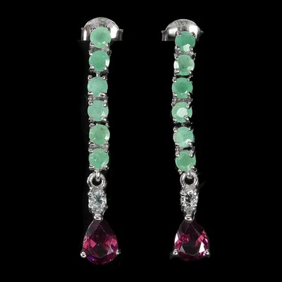 925 Sterling Silver Earrings Pear Rhodolite Garnet Emerald Gemstone Jewelry - Image 1 of 4