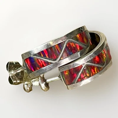 Colorful Red Opal Inlay Sterling Silver 925 Hoop Earrings Pierced VTG Southwest - Image 1 of 4