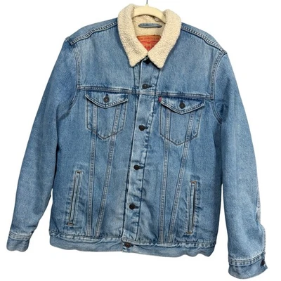 Levi Strauss Men XL Sherpa Lined Light Wash Denim Trucker Jacket Grunge Rugged - Image 1 of 4