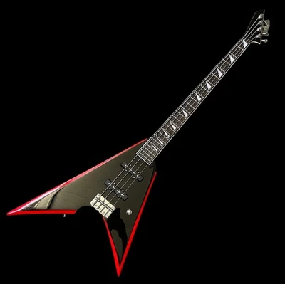 Factory 4 String V Electric Bass Guitar Chrome Hardware Black Body & Red Bevels - Image 1 of 4