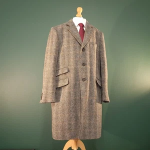 M&S Harris Tweed Overcoat Men's XL Neutral Wool Tweed Herringbone Check Trench - Picture 1 of 12