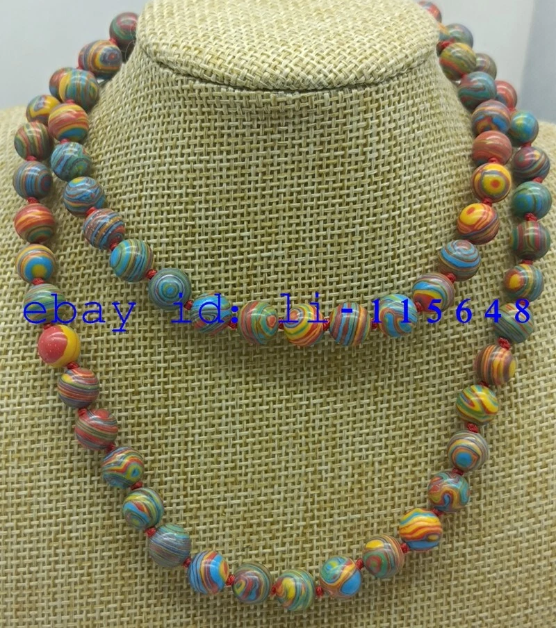 Exquisito collar de cuentas gemas redondas turquesa a rayas multicolor de 8 mm 18-36 pulgadas Foto 1 de 4
