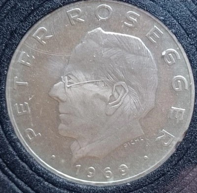 1969 Austria 25 Schilling, Peter Rosegger, Teacher, Poet and Author, 80% Silver - Image 1 of 4