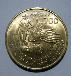 Italy 1999 200 Lire Aluminum-Bronze Coin Carabinieri Protectors Of Art Heritage - Picture 1 of 2